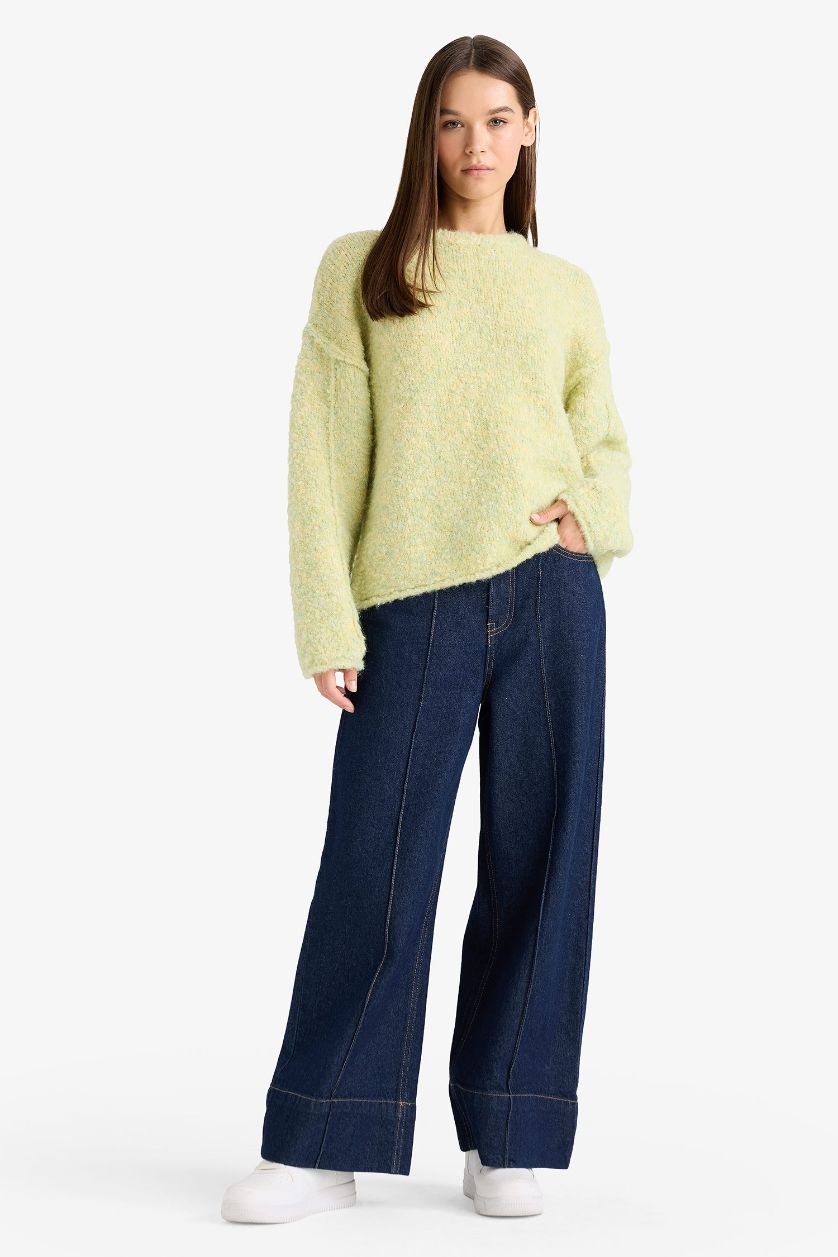 Kadın Açık Yeşil Yün Karışımlı Bisiklet Yaka Oversize Fit Triko Kazak