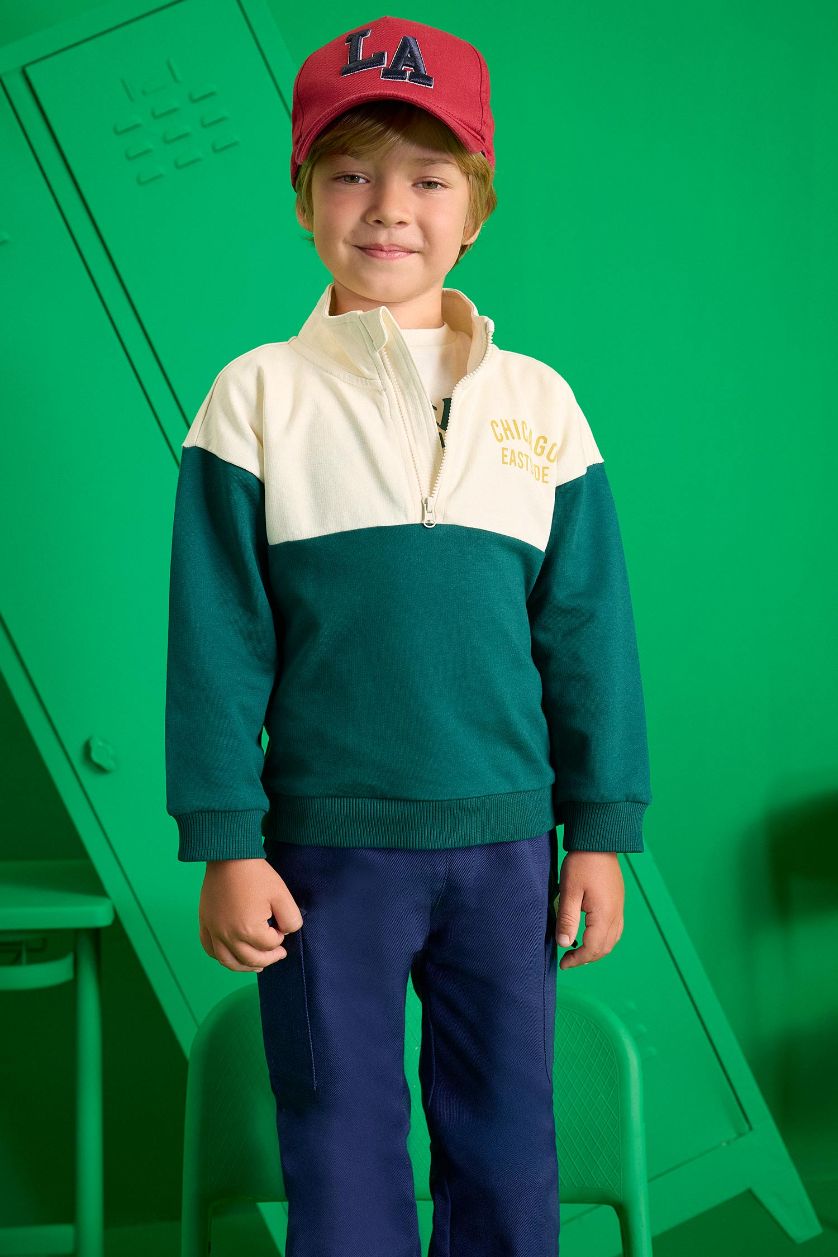 Erkek Bebek Koyu Yeşil Erkek Bebek 2'li Takım Baskılı Okul Fermuarlı Sweatshirt Eşofman Altı