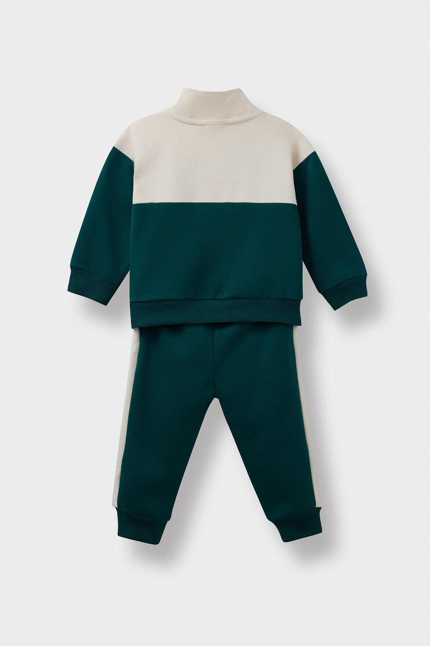 Erkek Bebek Koyu Yeşil Erkek Bebek 2'li Takım Baskılı Okul Fermuarlı Sweatshirt Eşofman Altı