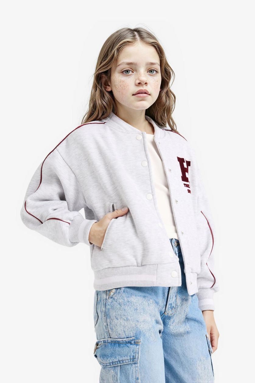 Kız Çocuk - Genç Kız Optik Gri Melanj Kolej Yaka Sırt Baskılı Bomber Ceket Kız Çocuk