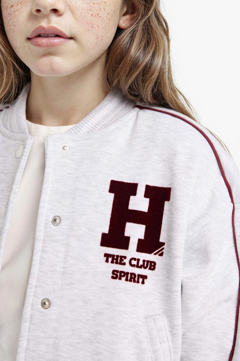 Kız Çocuk - Genç Kız Optik Gri Melanj Kolej Yaka Sırt Baskılı Bomber Ceket Kız Çocuk