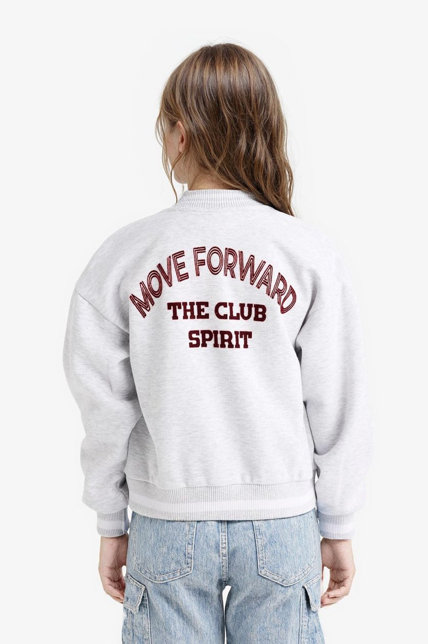 Kız Çocuk - Genç Kız Optik Gri Melanj Kolej Yaka Sırt Baskılı Bomber Ceket Kız Çocuk