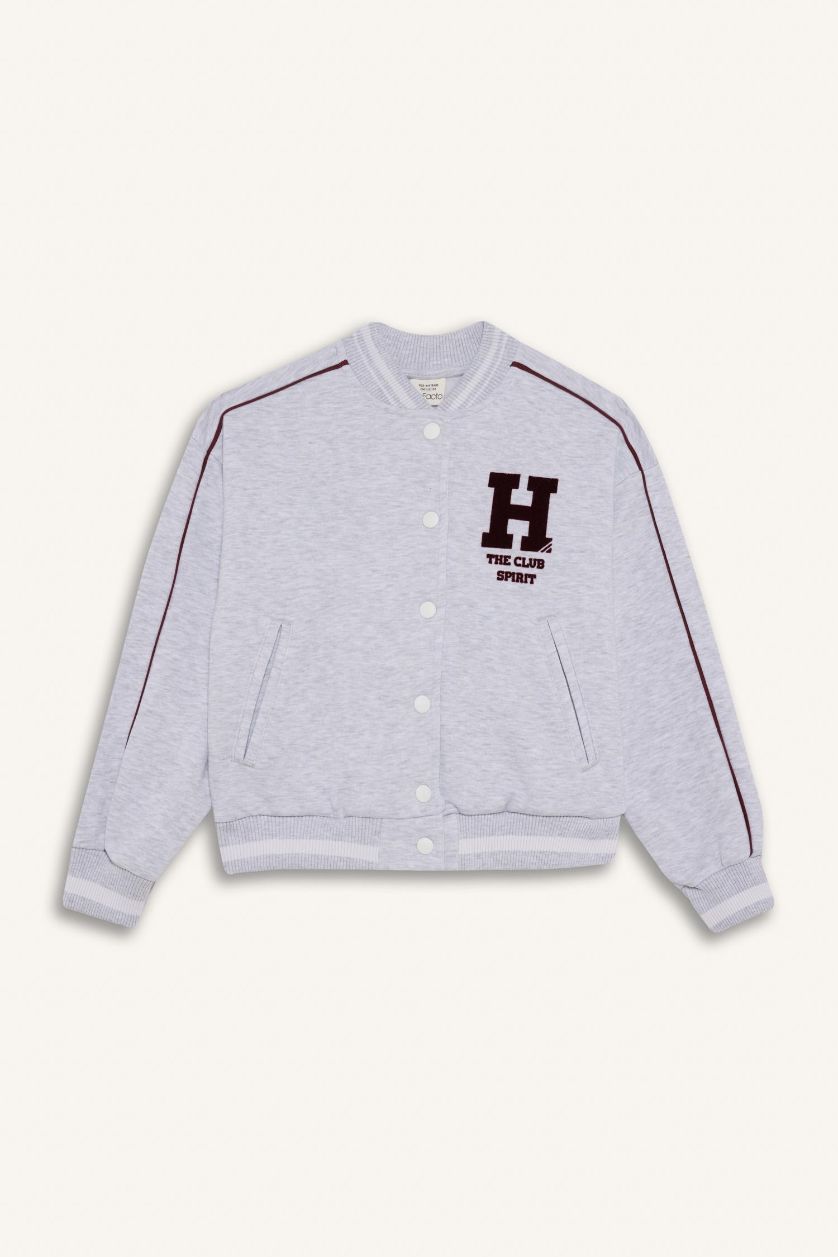 Kız Çocuk - Genç Kız Optik Gri Melanj Kolej Yaka Sırt Baskılı Bomber Ceket Kız Çocuk