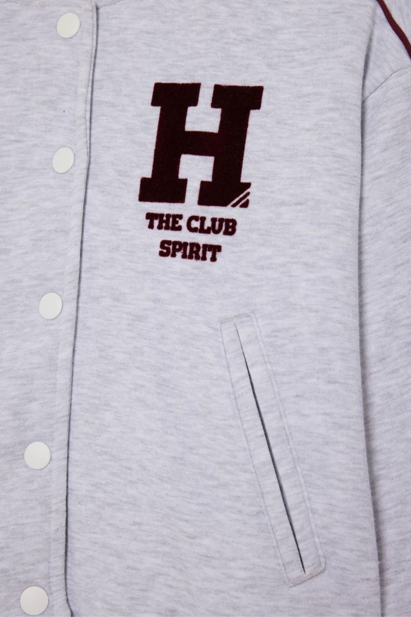 Kız Çocuk - Genç Kız Optik Gri Melanj Kolej Yaka Sırt Baskılı Bomber Ceket Kız Çocuk