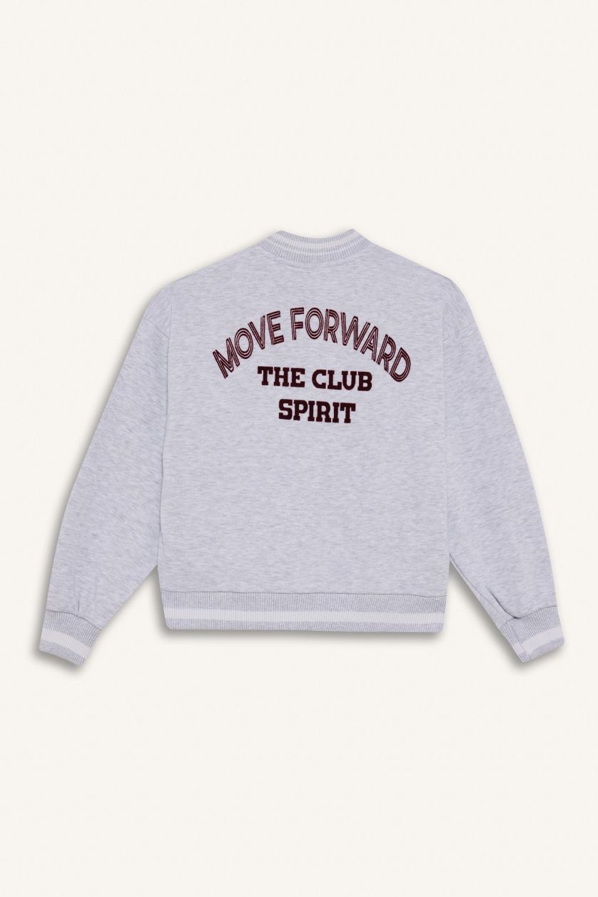 Kız Çocuk - Genç Kız Optik Gri Melanj Kolej Yaka Sırt Baskılı Bomber Ceket Kız Çocuk