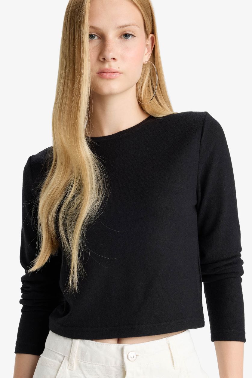 FEMME Noir T-shirt slim à col rond et manches longues