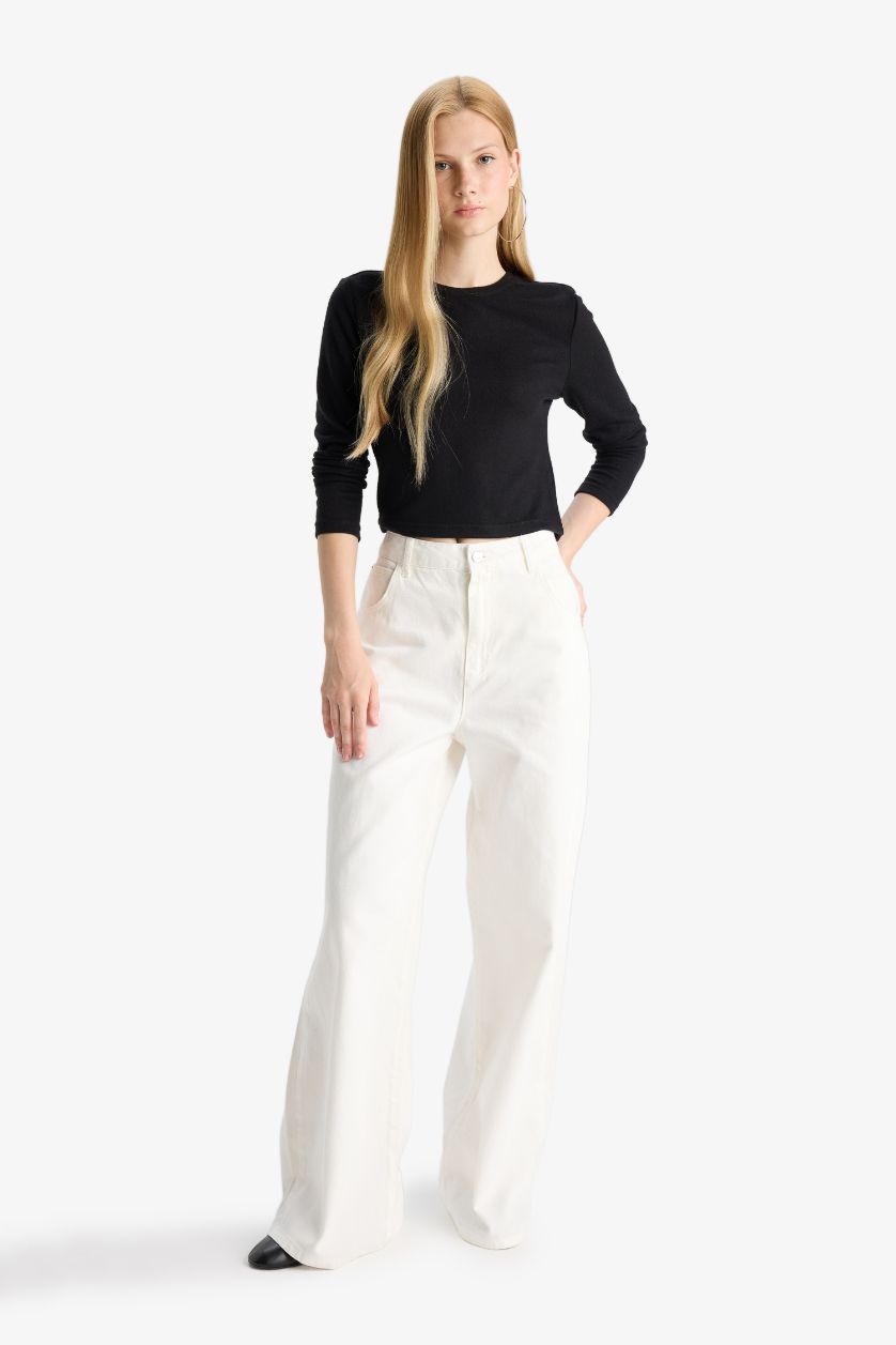 FEMME Noir T-shirt slim à col rond et manches longues