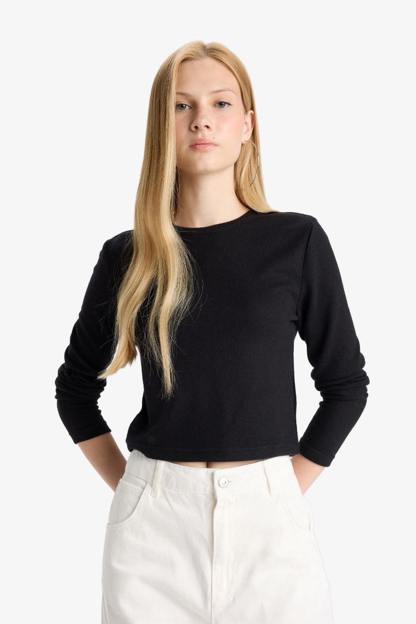 FEMME Noir T-shirt slim à col rond et manches longues