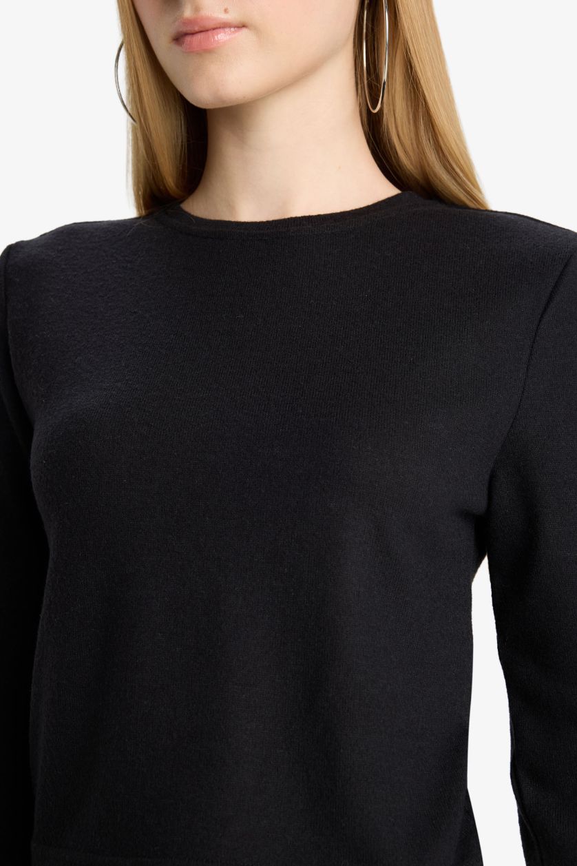FEMME Noir T-shirt slim à col rond et manches longues