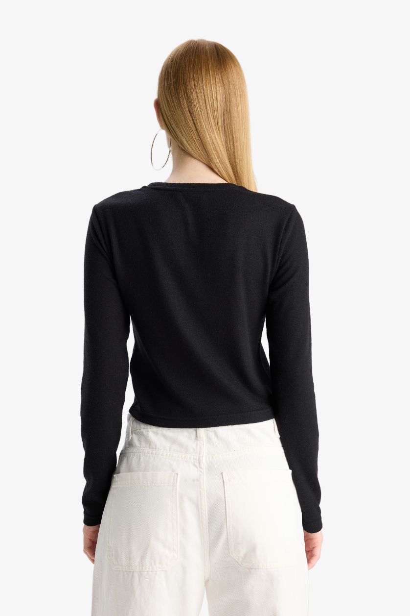 FEMME Noir T-shirt slim à col rond et manches longues