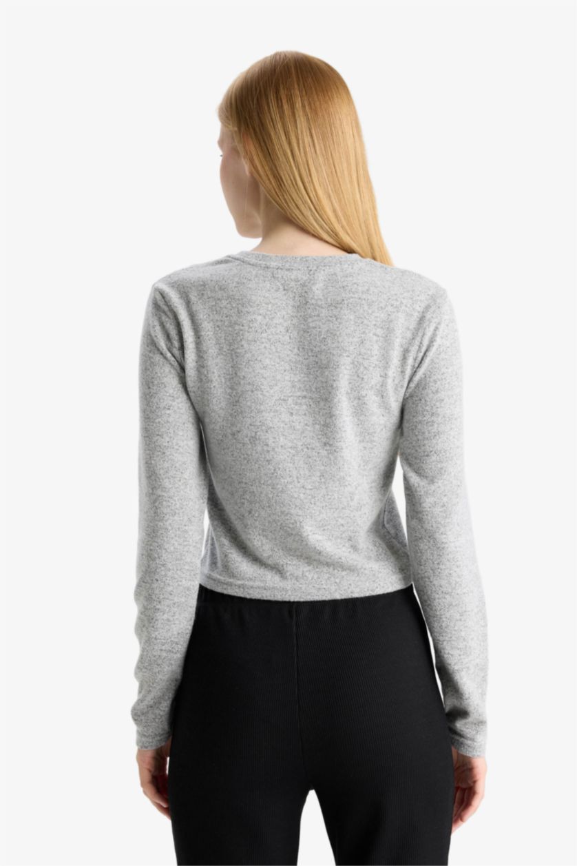 Әйелдерге Сұр Меланж Футболка с длинными рукавами и круглым вырезом облегающего кроя