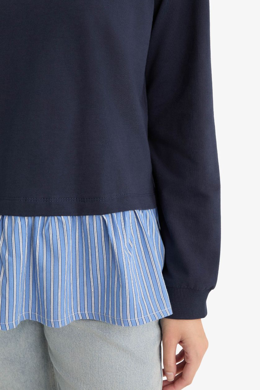 Kadın Lacivert Regular Fit Bisiklet Yaka Etek Ucu Detaylı Sweatshirt Tunik