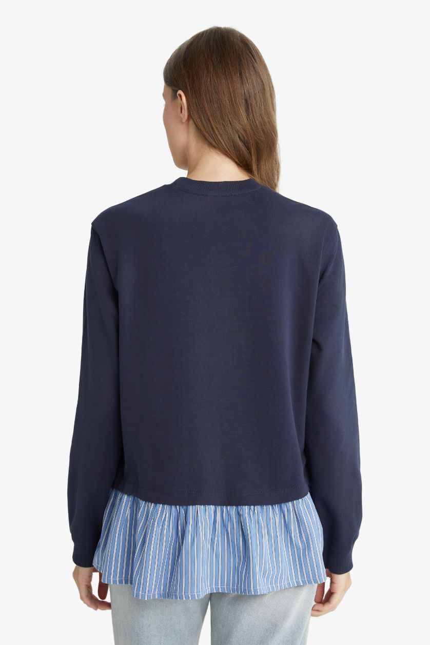 Kadın Lacivert Regular Fit Bisiklet Yaka Etek Ucu Detaylı Sweatshirt Tunik