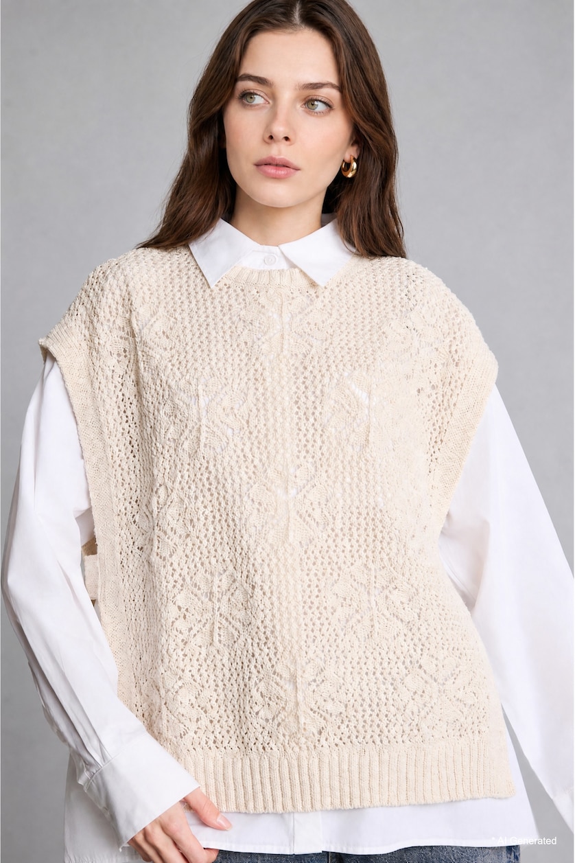 Women Sand Sand Beige Knit Crew Neck Sleeveless Sweater
