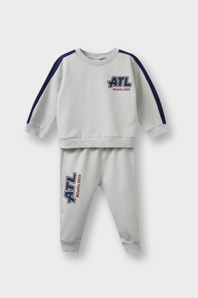 Erkek Bebek Açık Gri 2'li Takım Okul Baskılı Sweatshirt Eşofman Altı Erkek Bebek