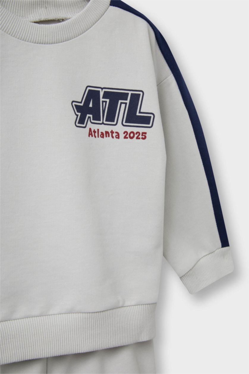 Erkek Bebek Açık Gri 2'li Takım Okul Baskılı Sweatshirt Eşofman Altı Erkek Bebek