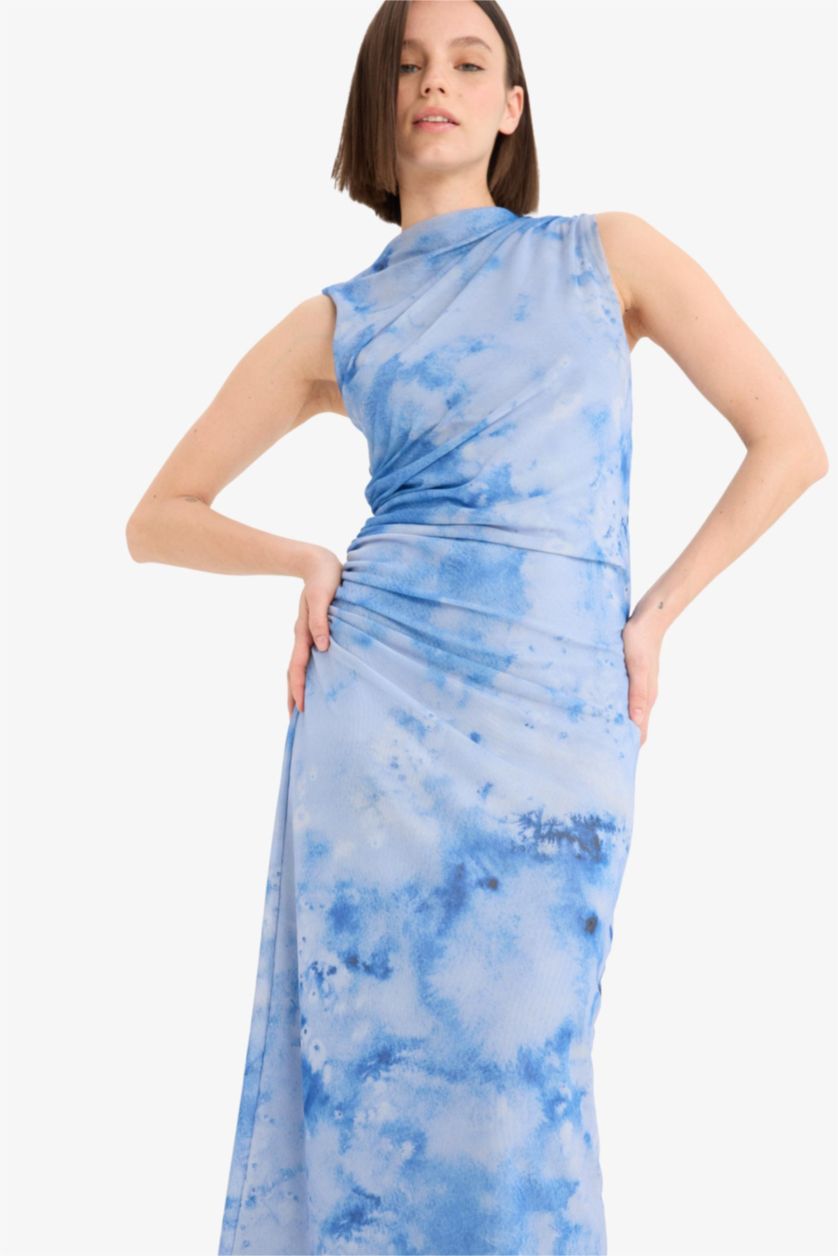 Woman Blue Half Turtleneck Printed Tulle Maxi Dress