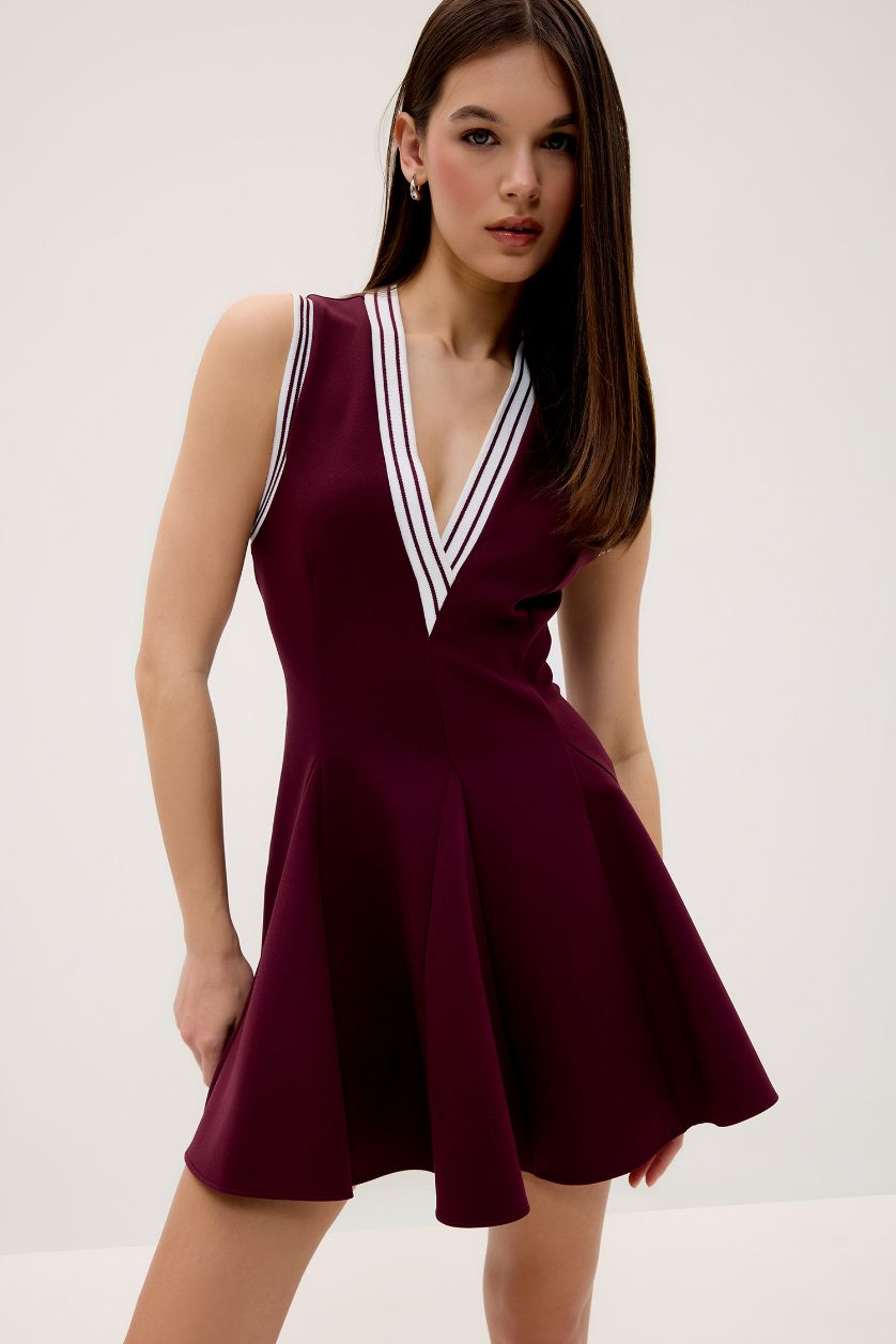 Kadın Bordo V Yaka Kolsuz Volanlı Mini Yazlık Elbise