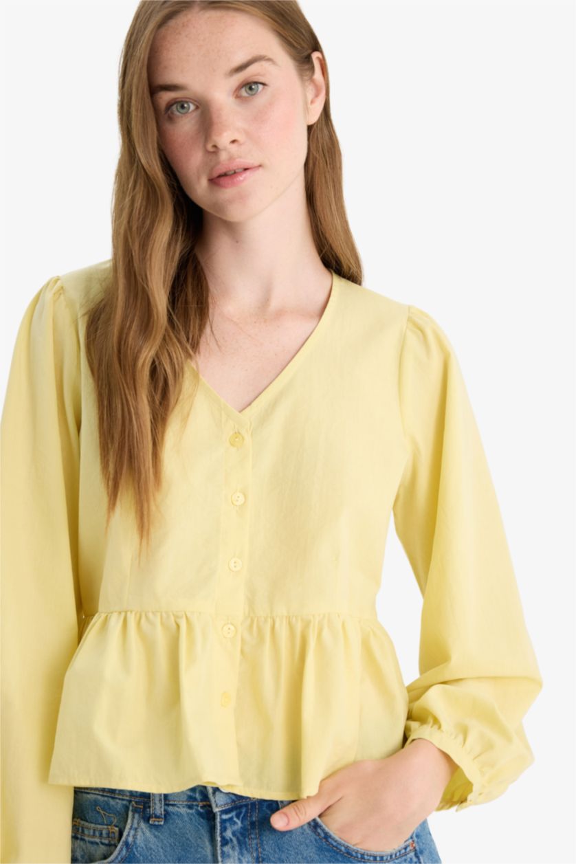 WOMAN Light Yellow Regular Fit V-Neck Long Sleeve Blouse