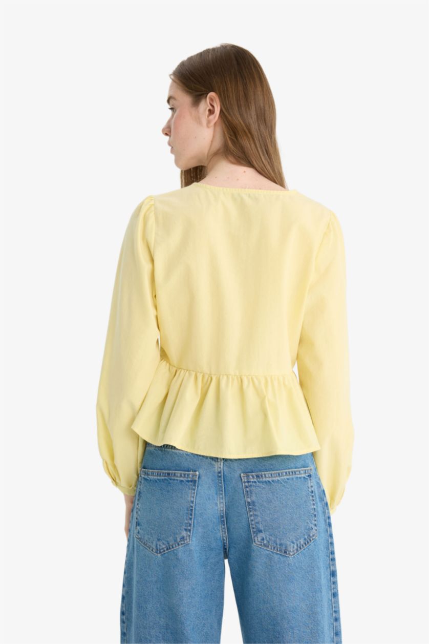 WOMAN Light Yellow Regular Fit V-Neck Long Sleeve Blouse