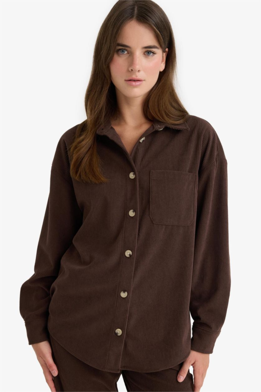 Женщины Коричневый Свободная рубашка из вельвета с рубашечным воротником и длинным рукавом