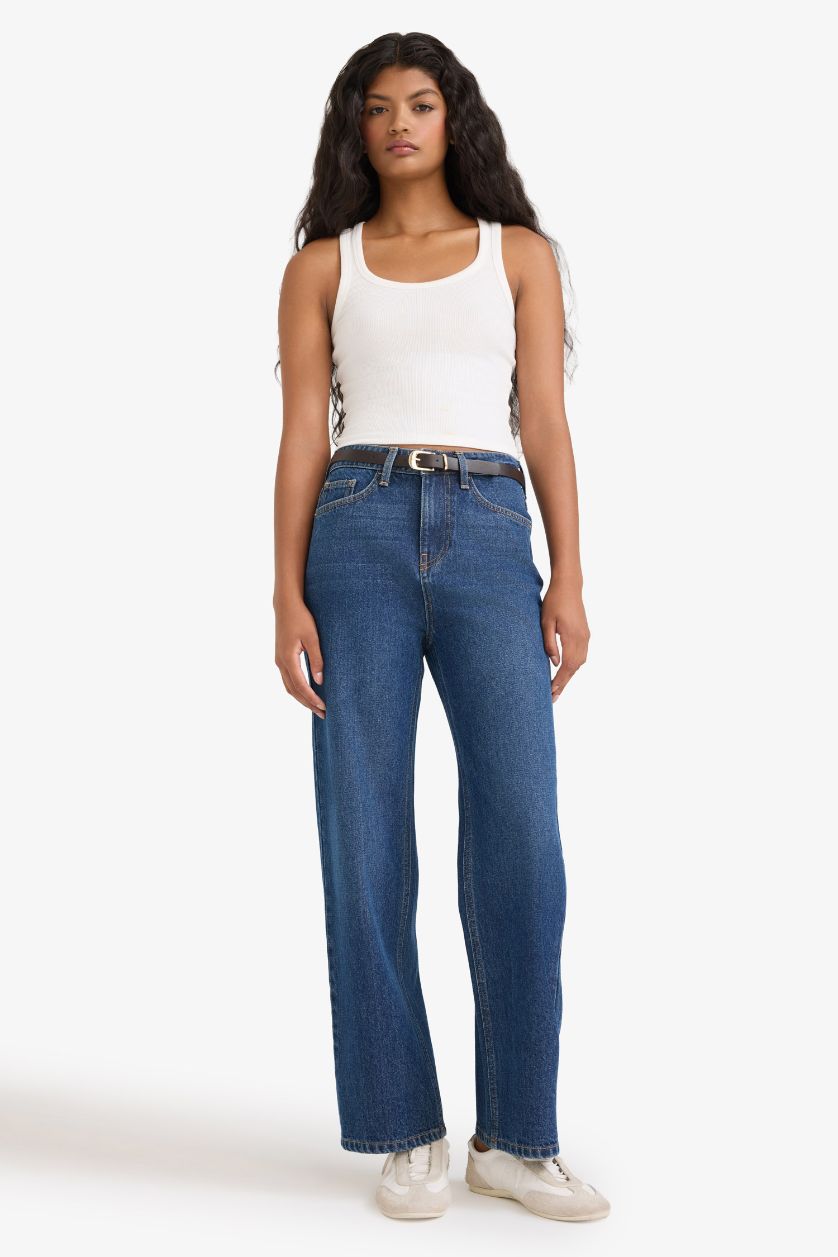 WOMAN Dark Blue Straight Fit Regular Hem Denim Trousers