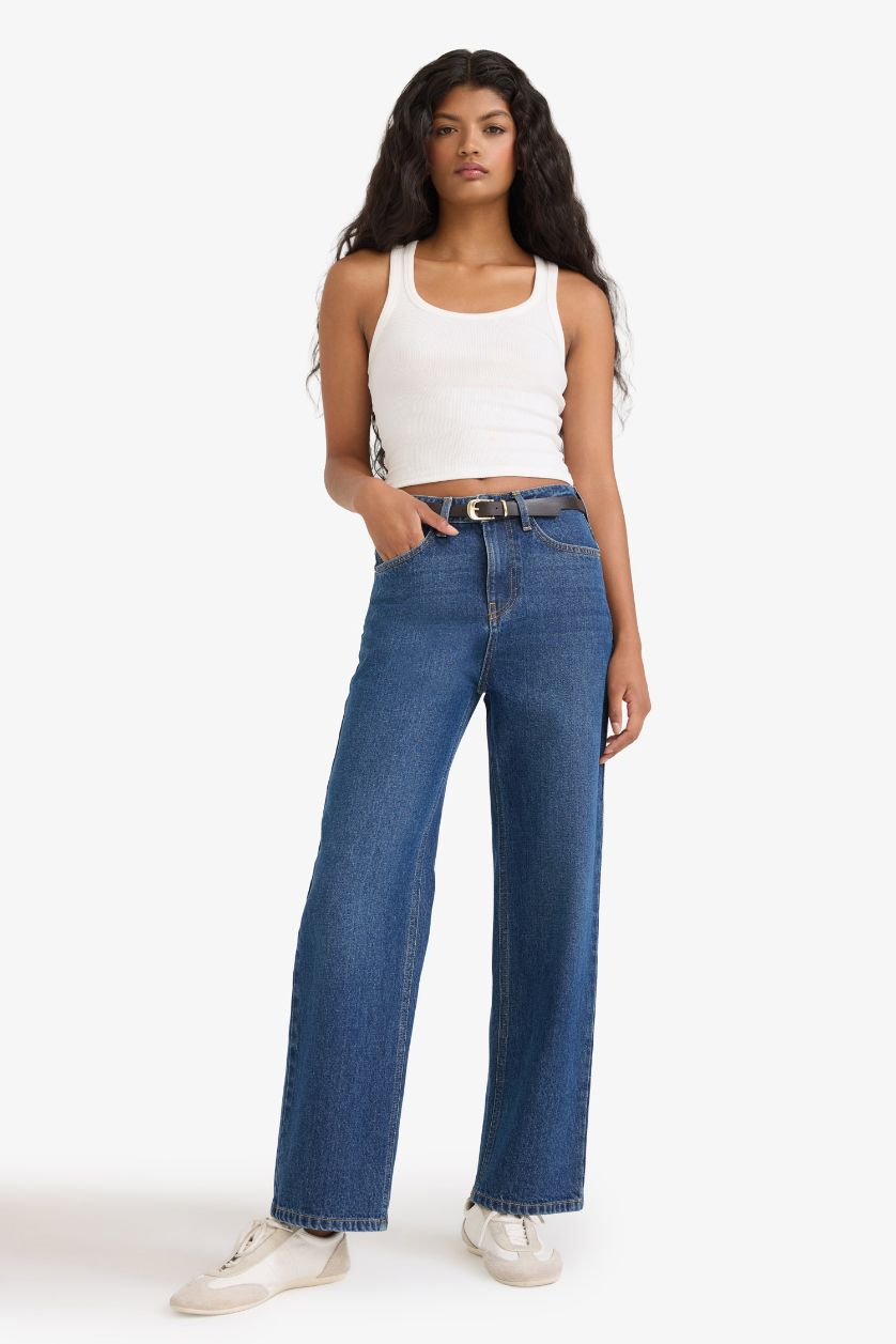 WOMAN Dark Blue Straight Fit Regular Hem Denim Trousers