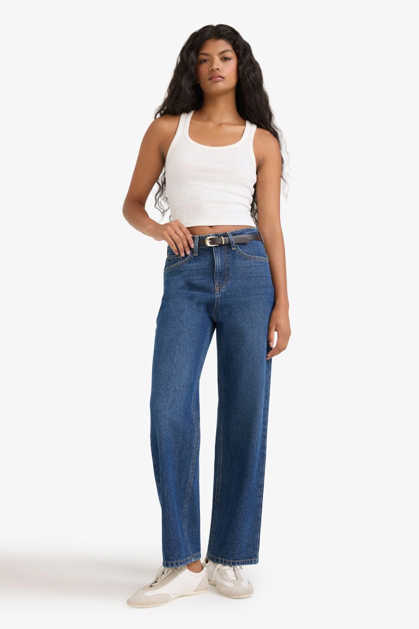 WOMAN Dark Blue Straight Fit Regular Hem Denim Trousers