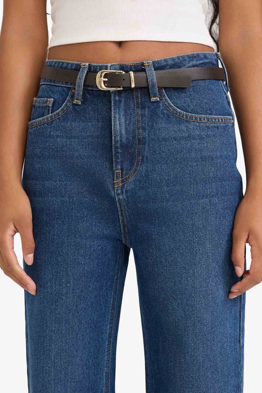 WOMAN Dark Blue Straight Fit Regular Hem Denim Trousers