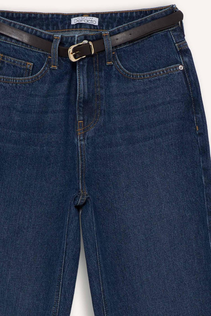 WOMAN Dark Blue Straight Fit Regular Hem Denim Trousers