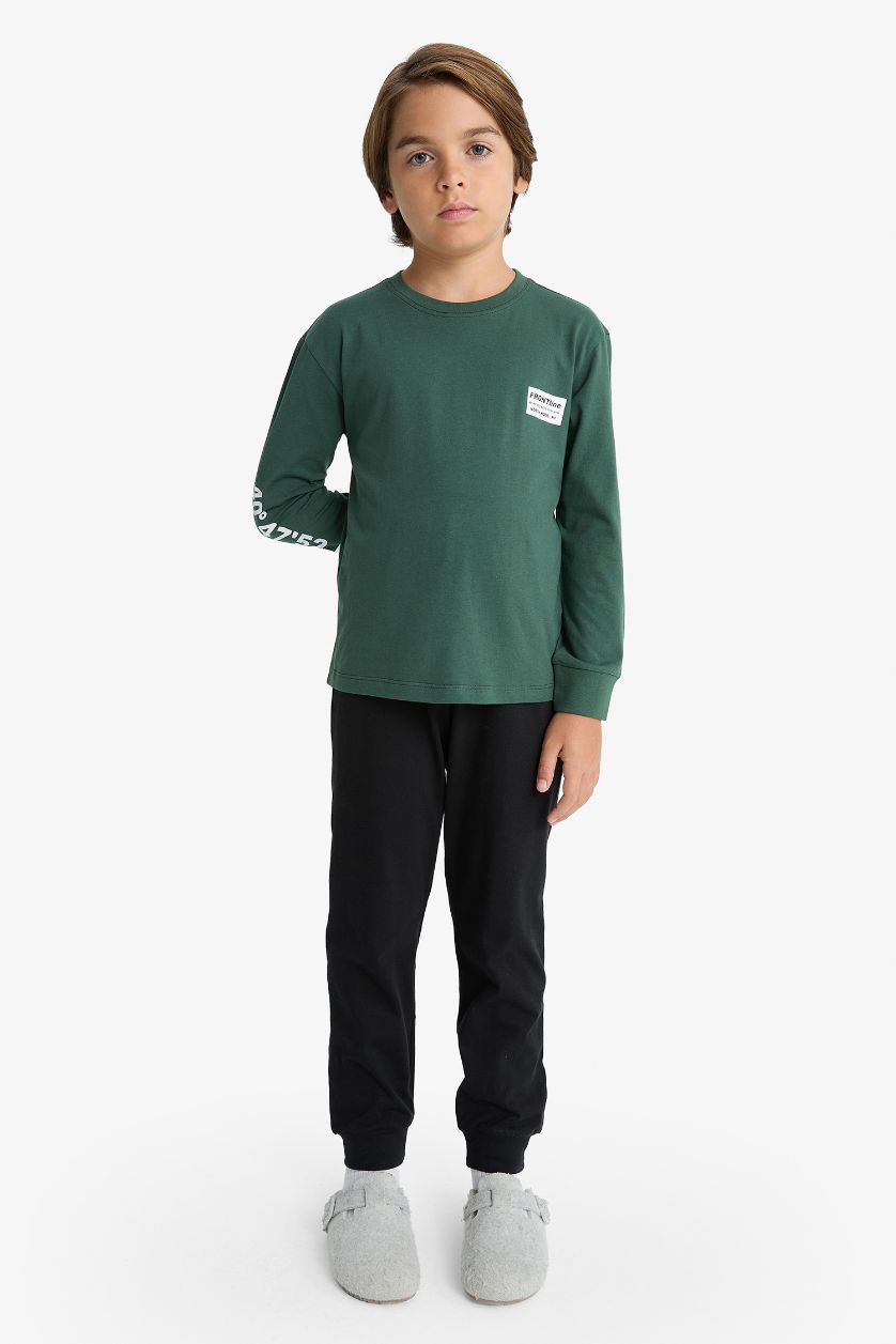 Erkek Çocuk - Genç Erkek Yeşil Pijama Takımı Baskılı Uzun Kollu Üst Uzun Alt Erkek Çocuk