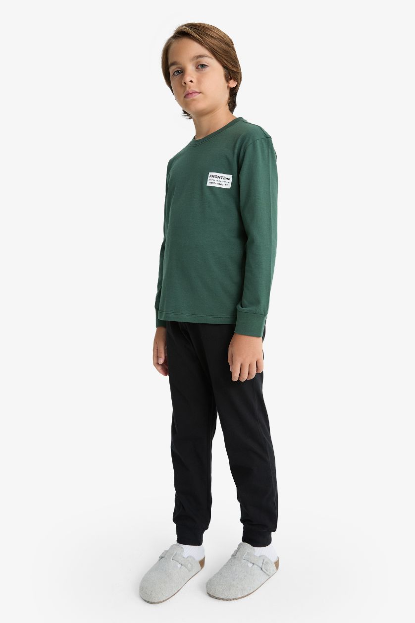 Erkek Çocuk - Genç Erkek Yeşil Pijama Takımı Baskılı Uzun Kollu Üst Uzun Alt Erkek Çocuk