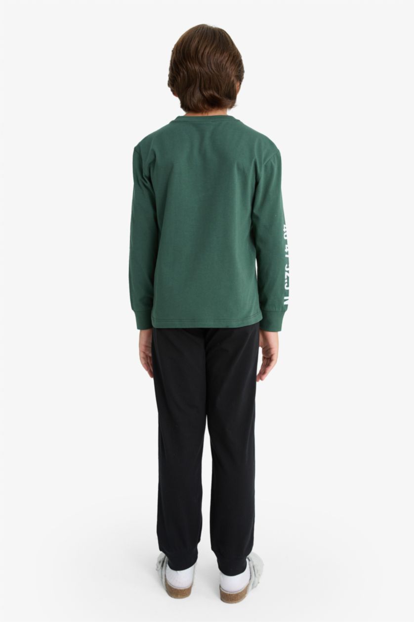 Erkek Çocuk - Genç Erkek Yeşil Pijama Takımı Baskılı Uzun Kollu Üst Uzun Alt Erkek Çocuk