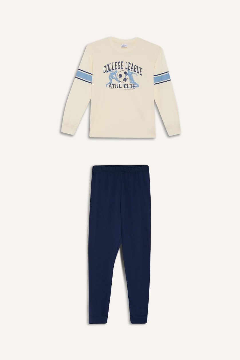Erkek Çocuk - Genç Erkek Ekru Erkek Çocuk Pijama Takımı Baskılı Uzun Kollu Üst Uzun Alt 