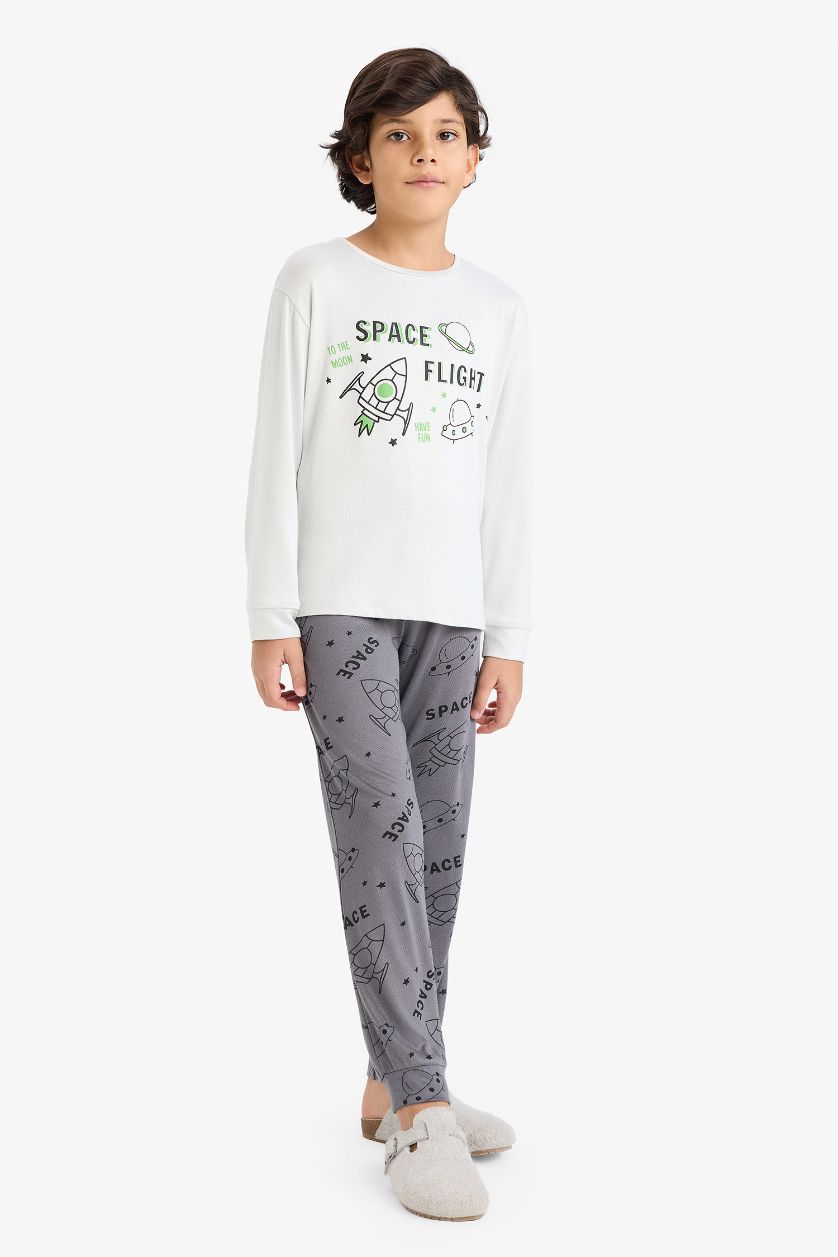 Erkek Çocuk - Genç Erkek Açık Gri Termal Pijama Takımı Baskılı Uzun Kollu Üst Uzun Alt Erkek Çocuk