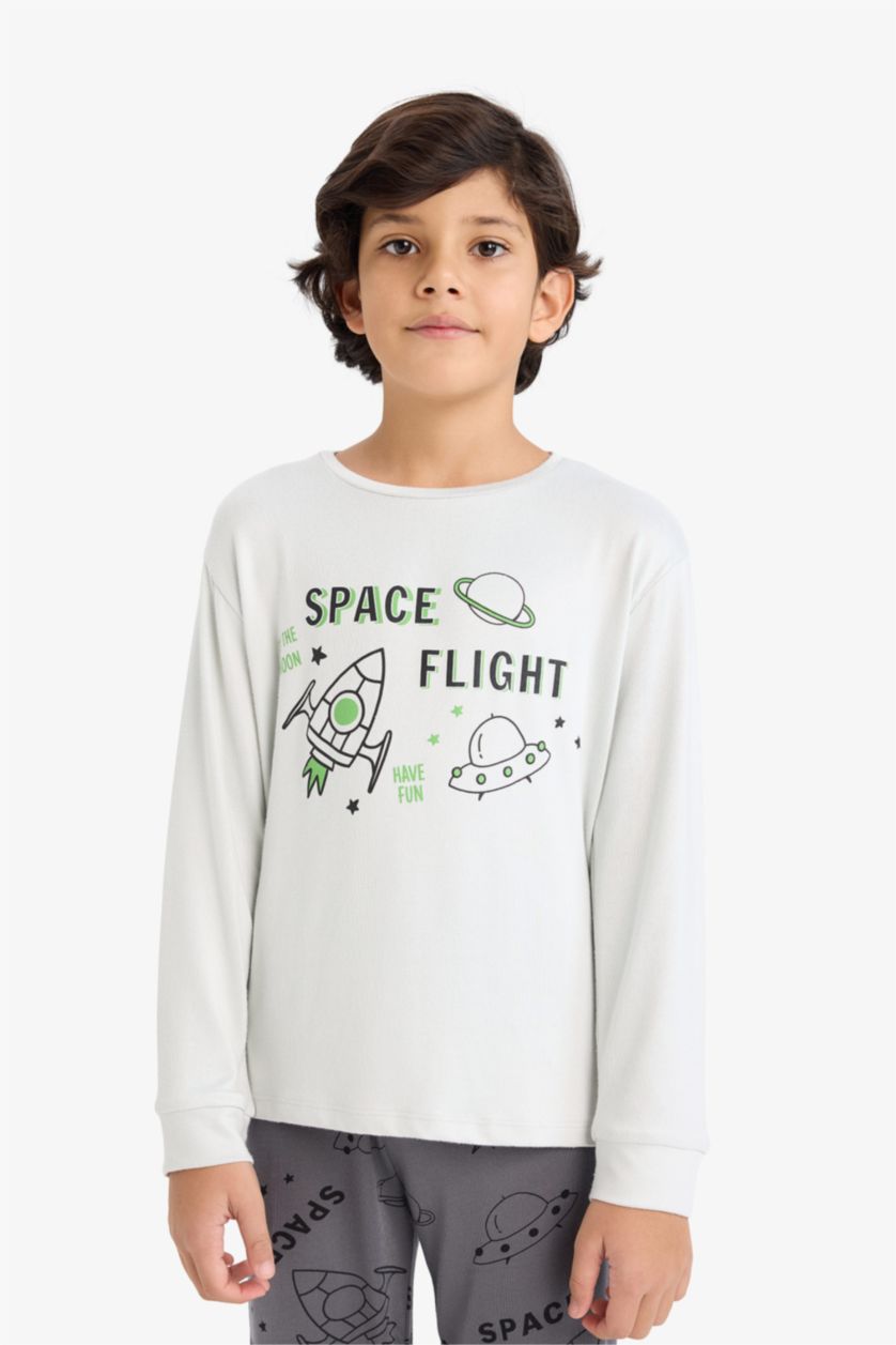 Erkek Çocuk - Genç Erkek Açık Gri Termal Pijama Takımı Baskılı Uzun Kollu Üst Uzun Alt Erkek Çocuk