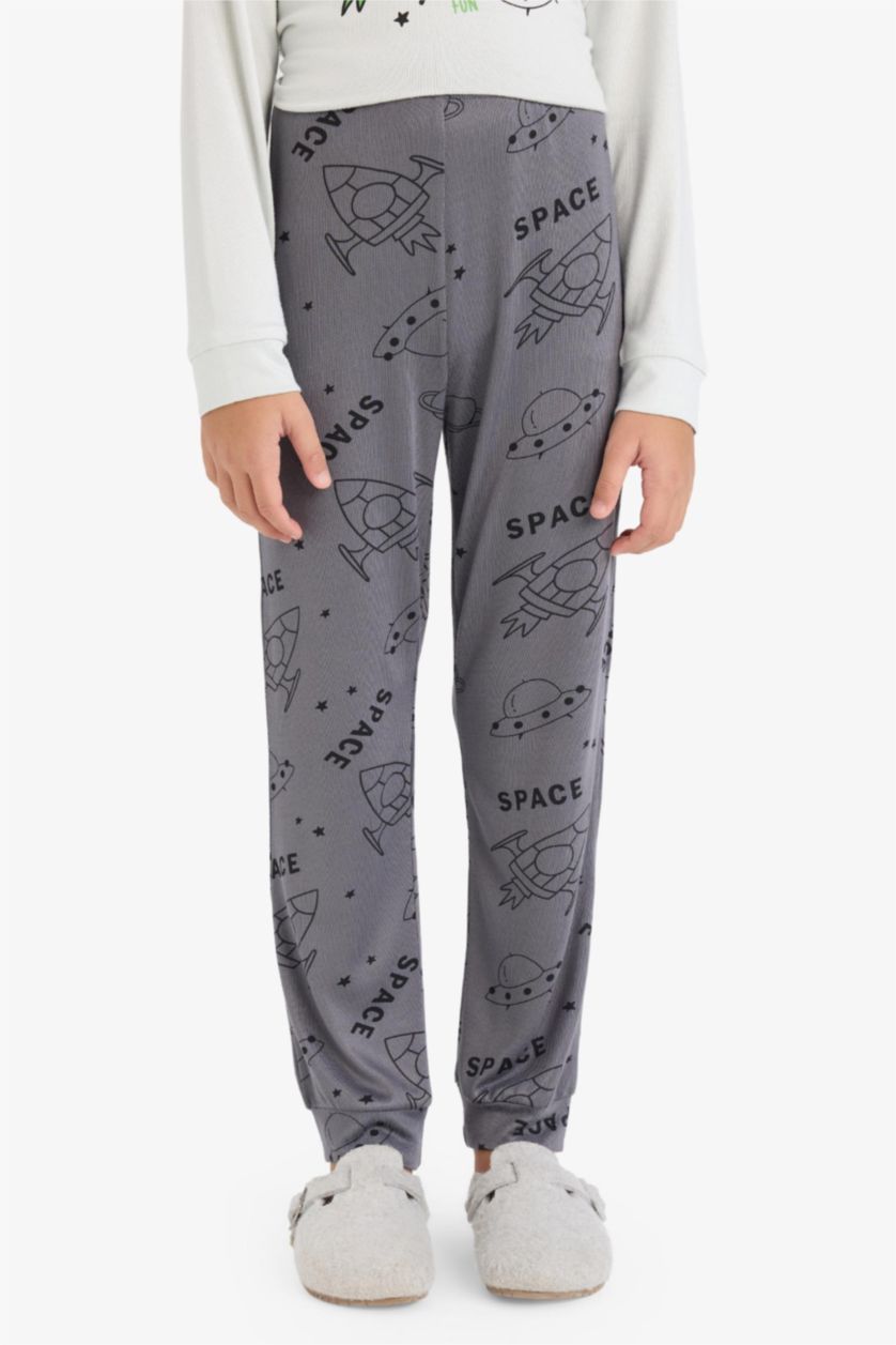 Erkek Çocuk - Genç Erkek Açık Gri Termal Pijama Takımı Baskılı Uzun Kollu Üst Uzun Alt Erkek Çocuk