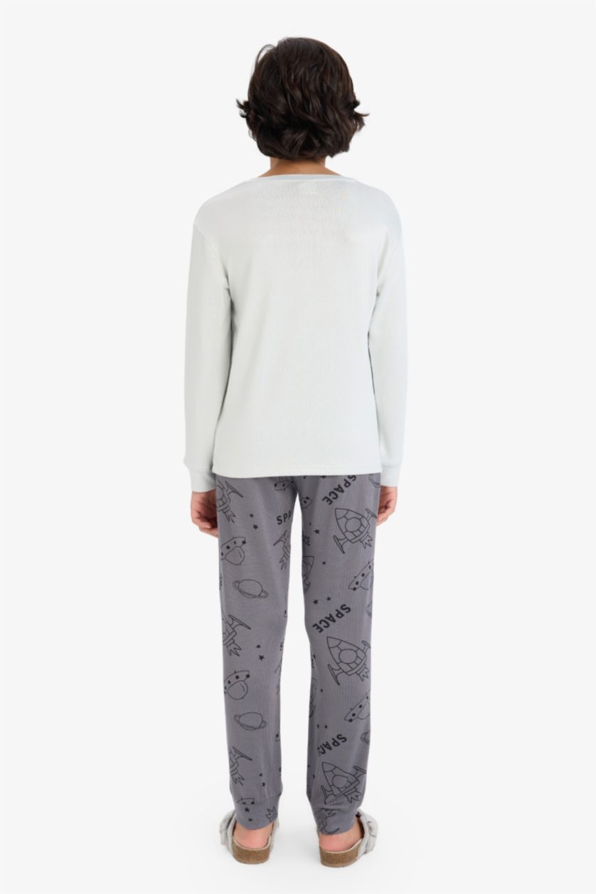 Erkek Çocuk - Genç Erkek Açık Gri Termal Pijama Takımı Baskılı Uzun Kollu Üst Uzun Alt Erkek Çocuk