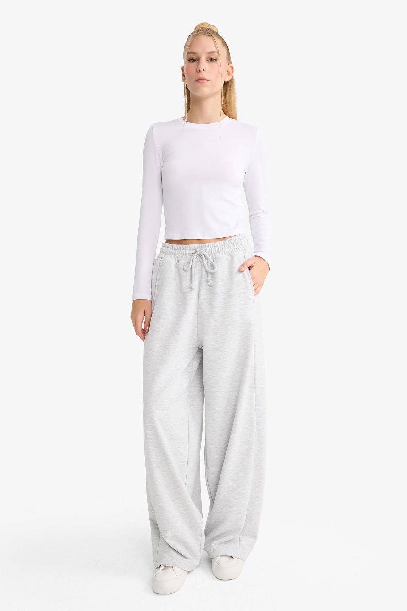 Kadın Gri Melanj Barrel Fit Beli Bağcıklı Geniş Paça Eşofman Altı