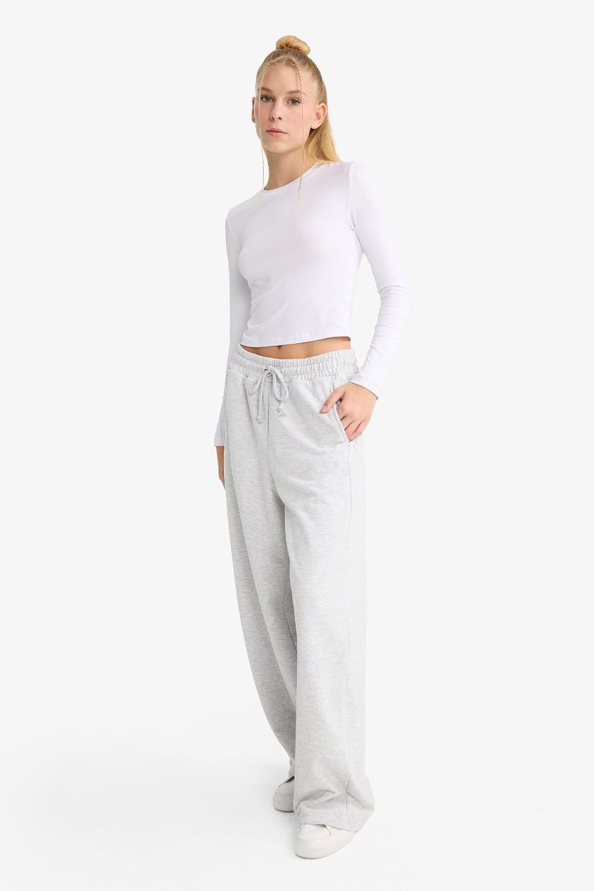 Kadın Gri Melanj Barrel Fit Beli Bağcıklı Geniş Paça Eşofman Altı