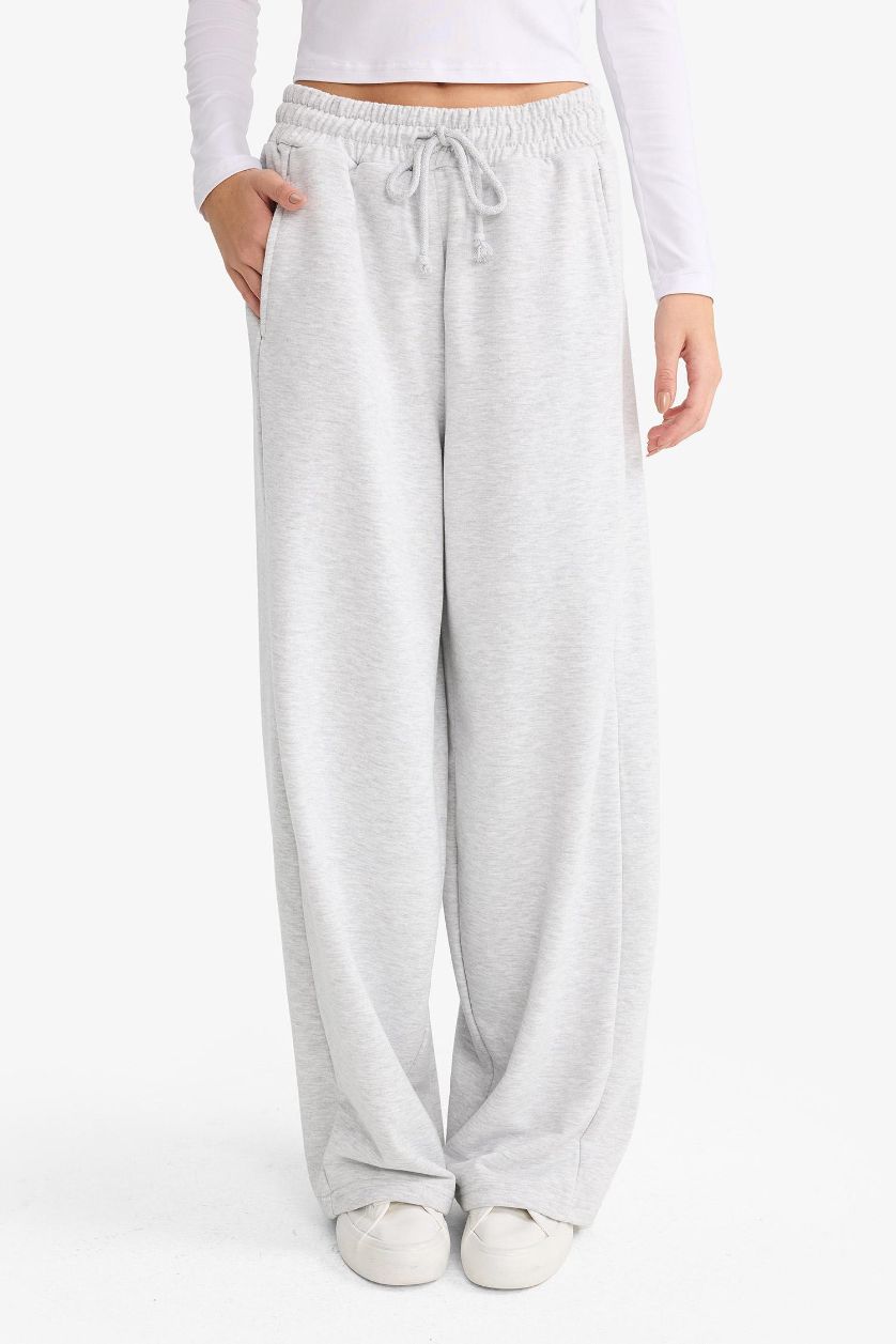 Kadın Gri Melanj Barrel Fit Beli Bağcıklı Geniş Paça Eşofman Altı