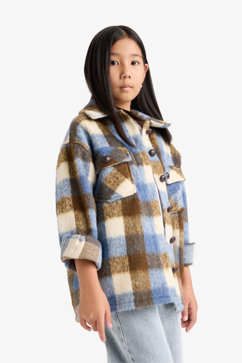 Kız Çocuk - Genç Kız Açık Mavi Kaşe Kareli Uzun Kollu Gömlek Kız Çocuk