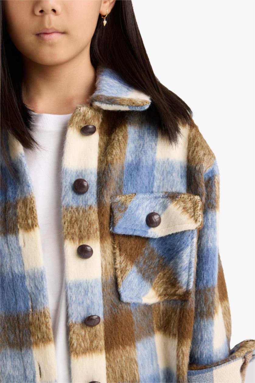 Kız Çocuk - Genç Kız Açık Mavi Kaşe Kareli Uzun Kollu Gömlek Kız Çocuk