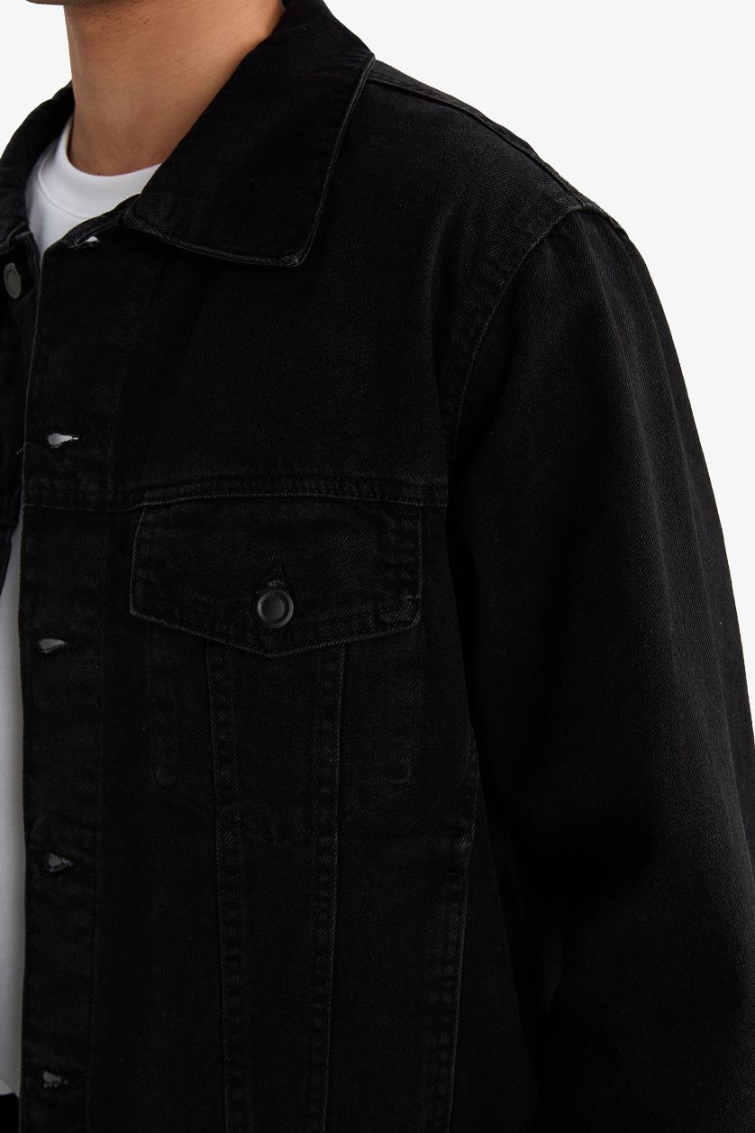 رجالي أسود جاكيت جينز قصة عادية