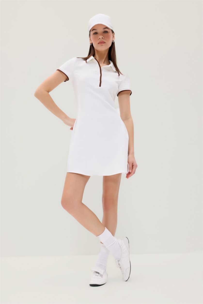 Kadın Ekru Polo Yaka Kısa Kollu Mini Yazlık Elbise