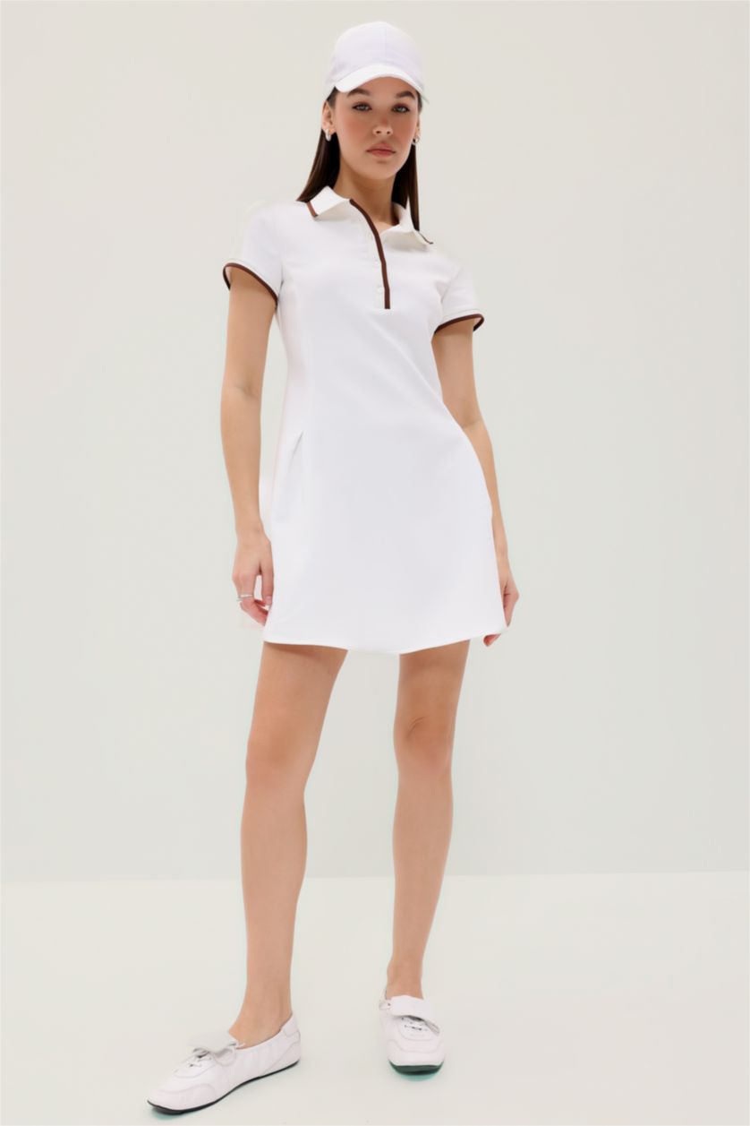 Kadın Ekru Polo Yaka Kısa Kollu Mini Yazlık Elbise