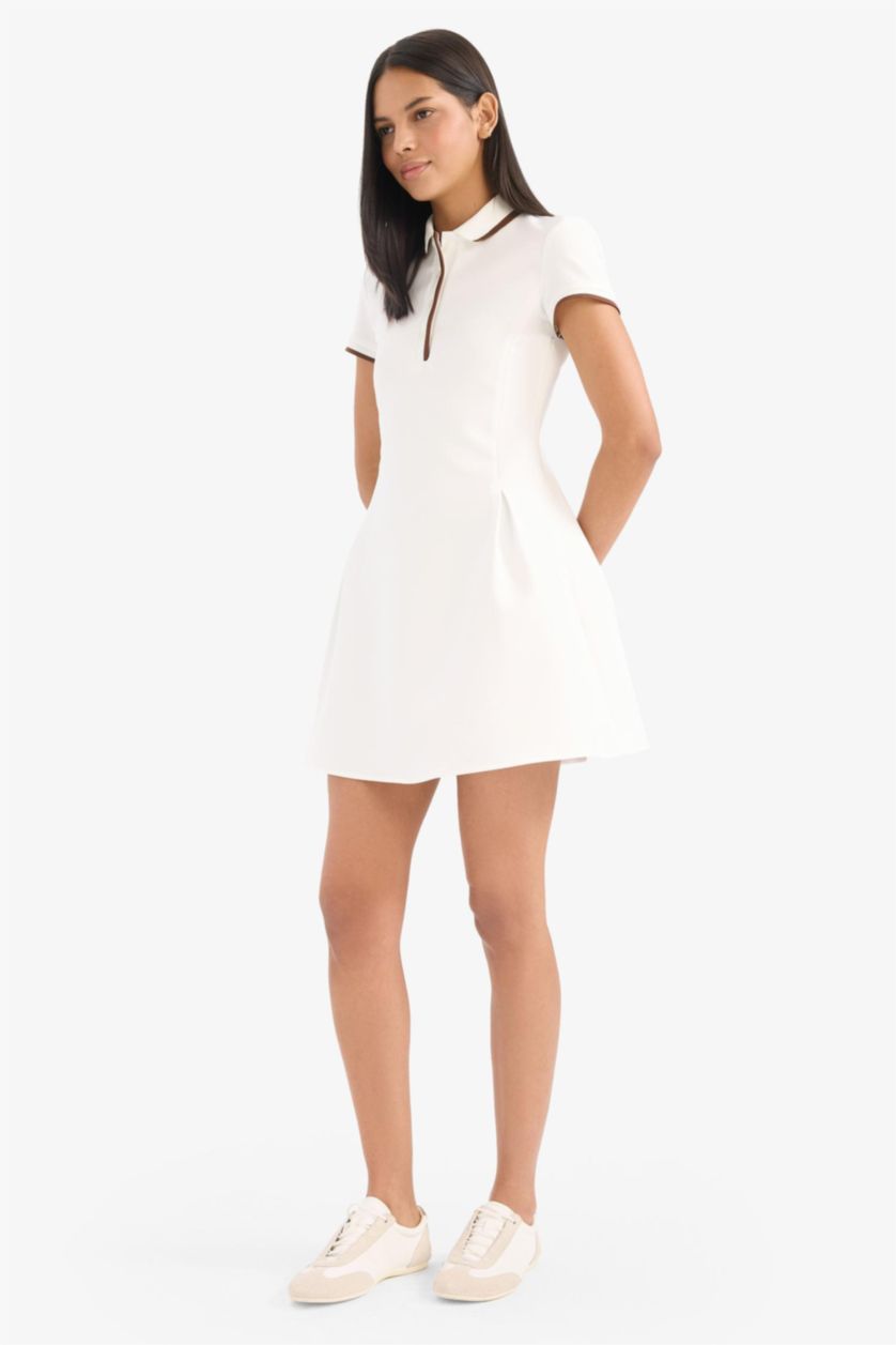 Kadın Ekru Polo Yaka Kısa Kollu Mini Yazlık Elbise