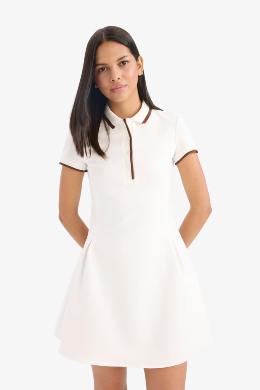 Kadın Ekru Polo Yaka Kısa Kollu Mini Yazlık Elbise