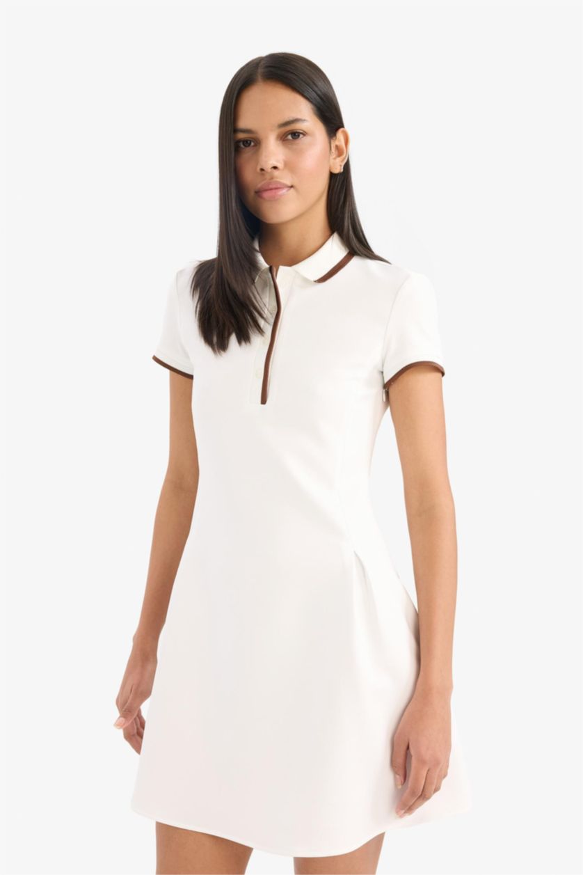 Kadın Ekru Polo Yaka Kısa Kollu Mini Yazlık Elbise