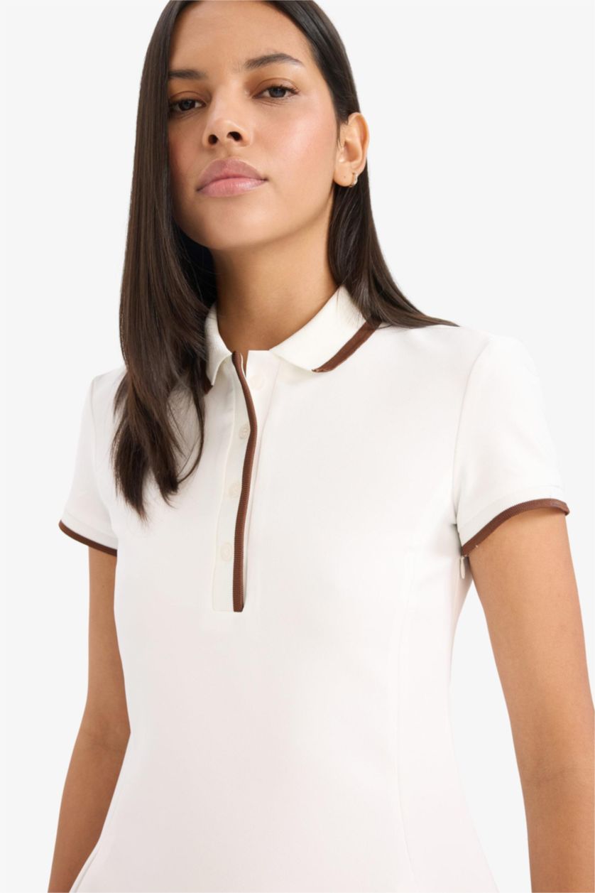 Kadın Ekru Polo Yaka Kısa Kollu Mini Yazlık Elbise